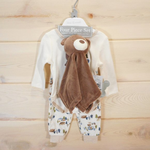 Baby Essentials Size 6 Mo Bear 4 Piece Set Bodysuit Hat Pants Lovey NWT - Picture 1 of 8